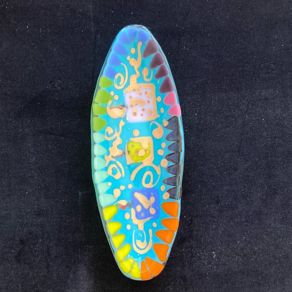Handmade Aqua Blue Glass Oval Bowl with Fused Paint Gold Accents 10”x4” - Picture 7 of 9